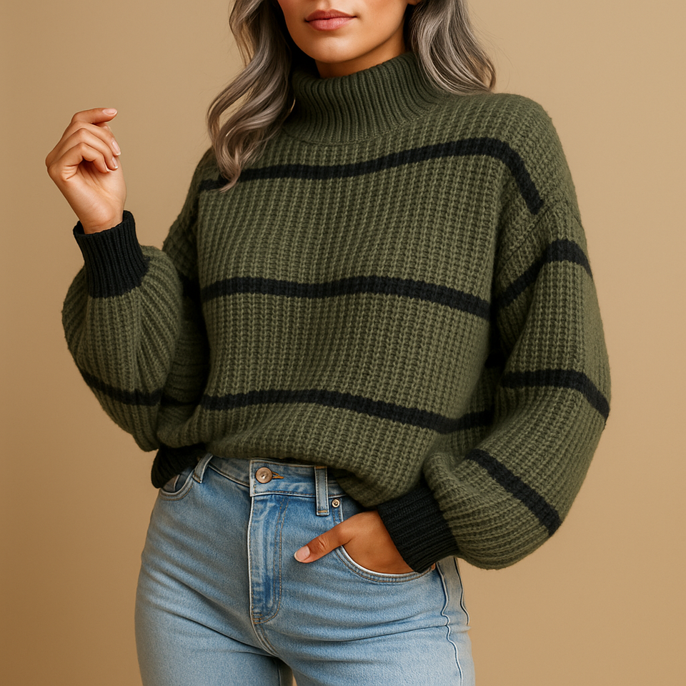 Knitted sweater with high neck and stripes for women.