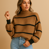 Knitted sweater with high neck and stripes for women.