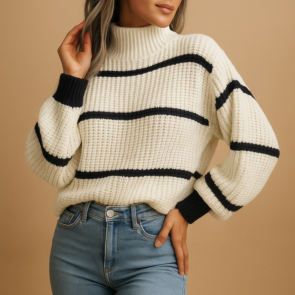 Knitted sweater with high neck and stripes for women.