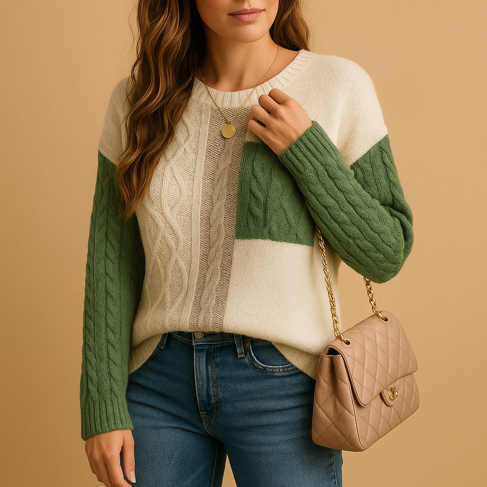 Knitted women's sweater with cable pattern and pocket detail.