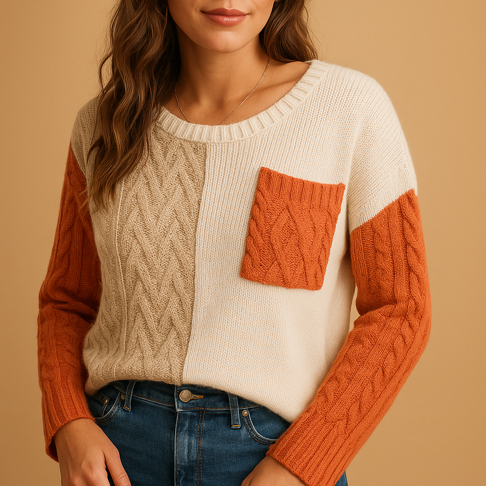 Knitted women's sweater with cable pattern and pocket detail.
