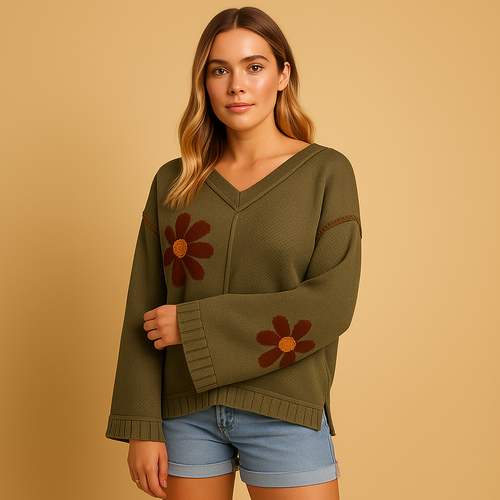 Knitted V-neck women's sweater with floral pattern.