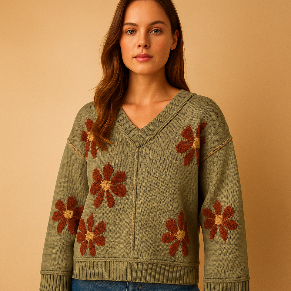 Knitted V-neck women's sweater with floral pattern.