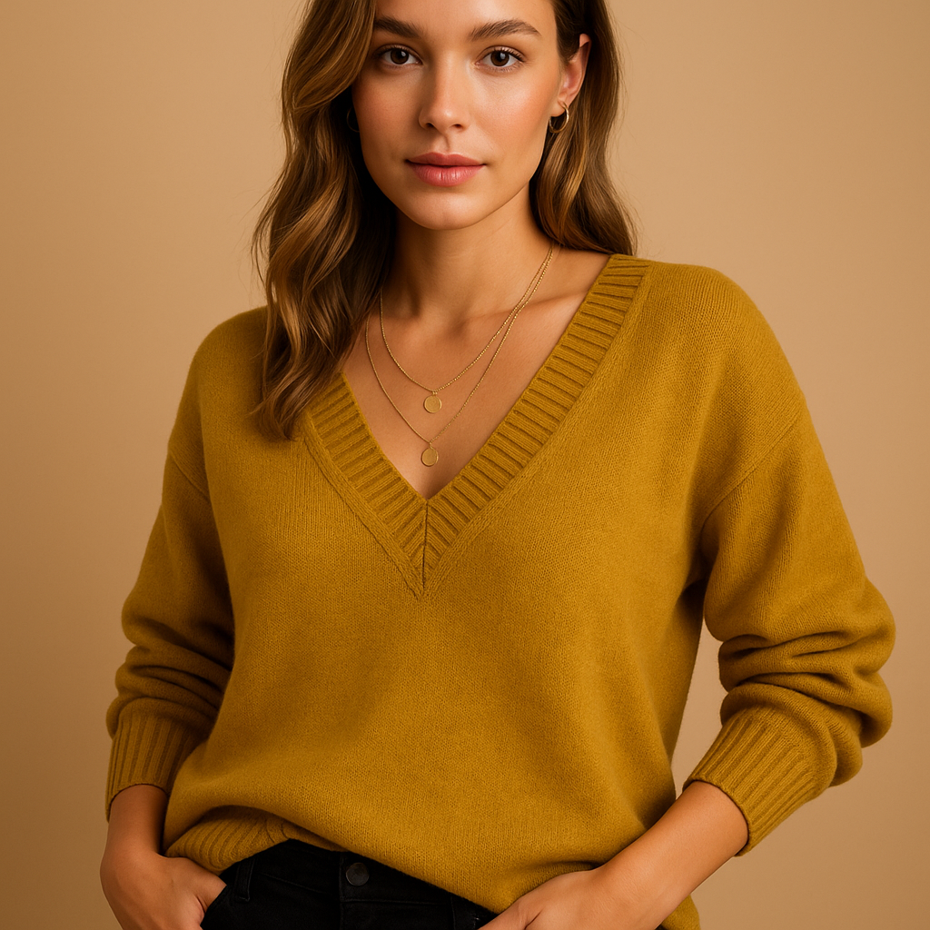 Knitted V-neck sweater in a casual fit for women.