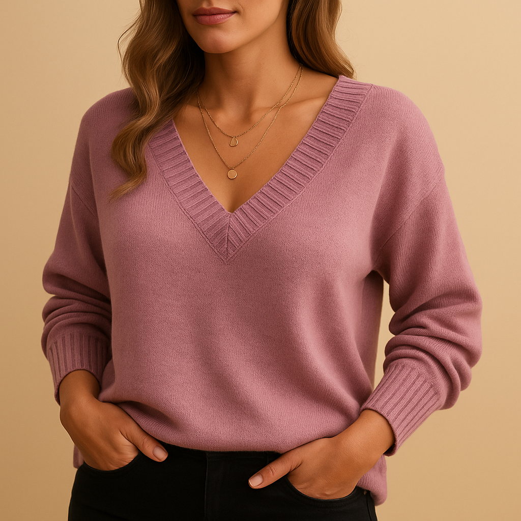Knitted V-neck sweater in a casual fit for women.