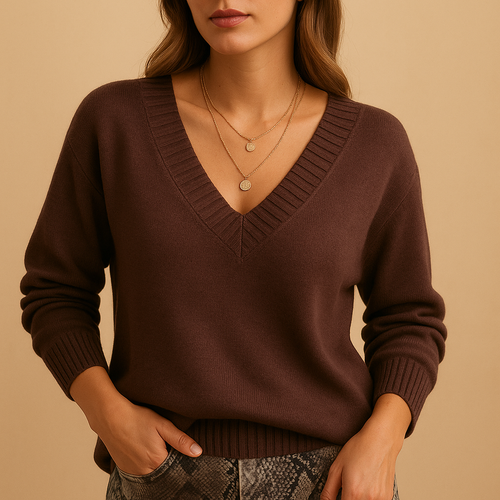 Knitted V-neck sweater in a casual fit for women.