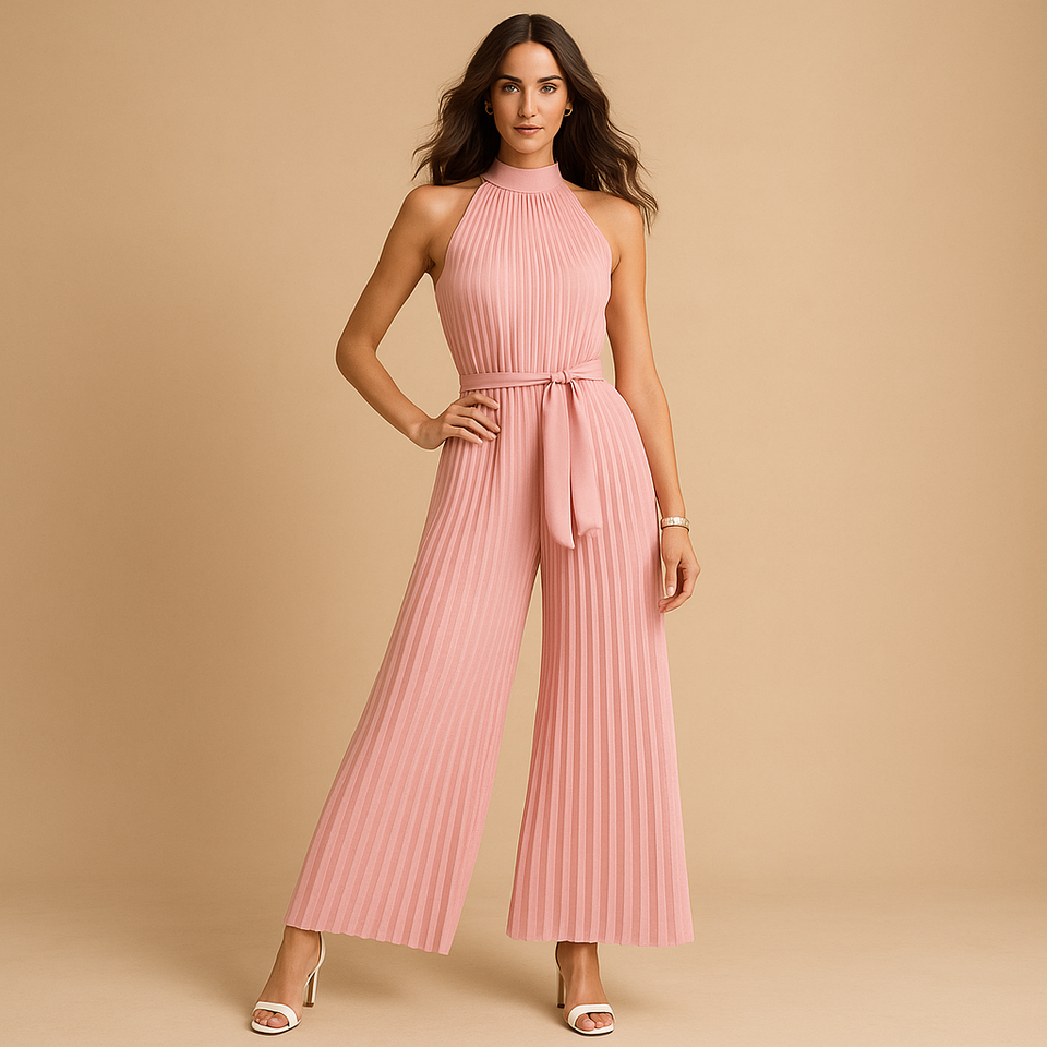 Elegant pleated jumpsuit with wide legs for women.