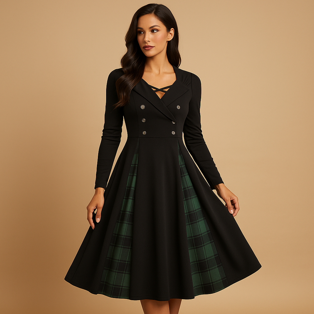 Checkered A-line dress with button closure for women.