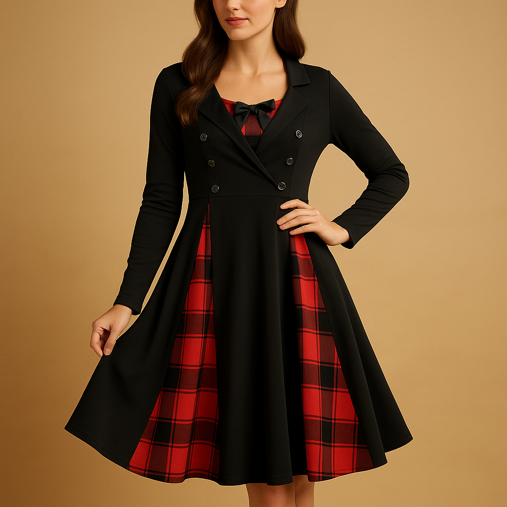 Checkered A-line dress with button closure for women.