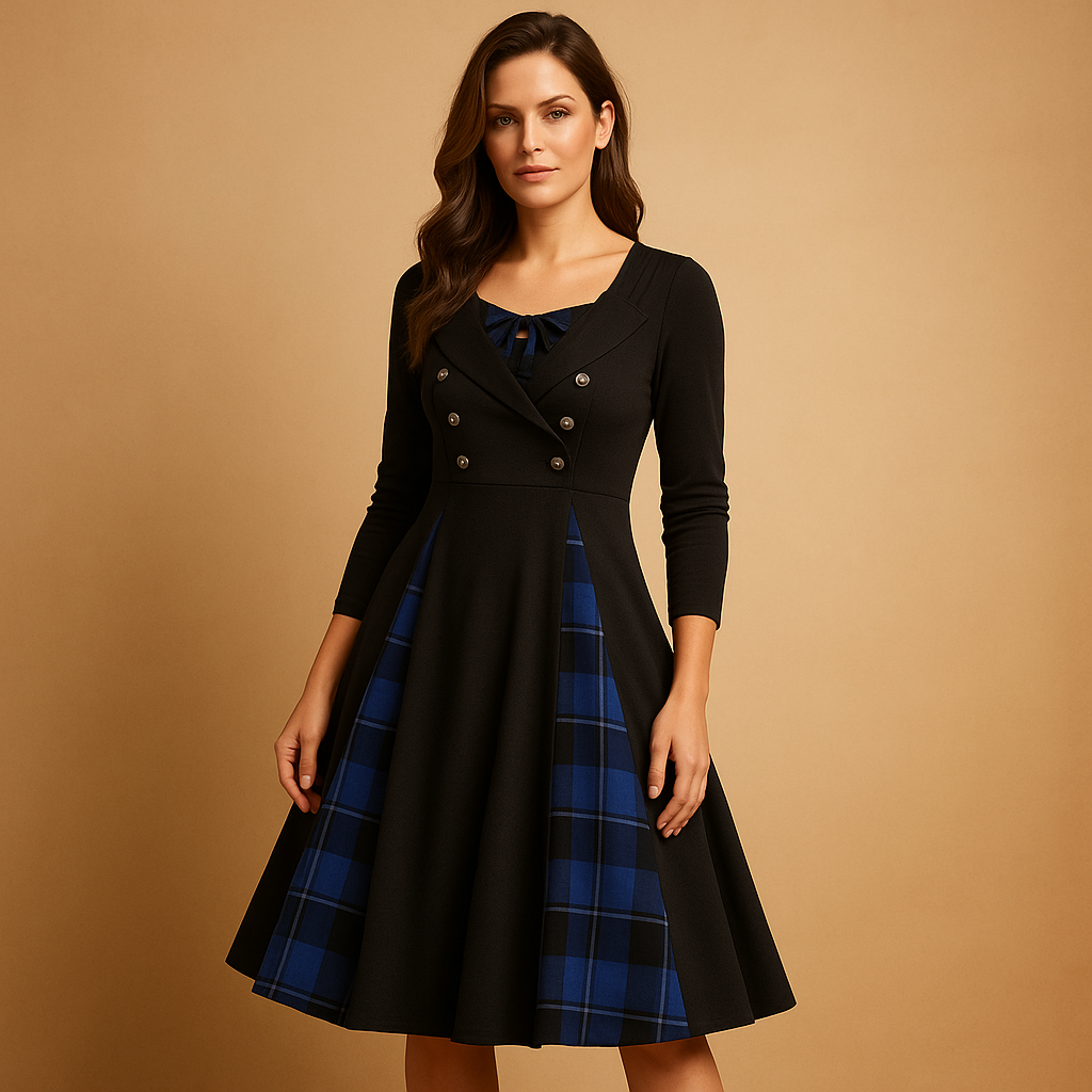 Checkered A-line dress with button closure for women.