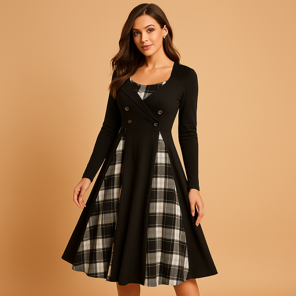 Checkered A-line dress with button closure for women.