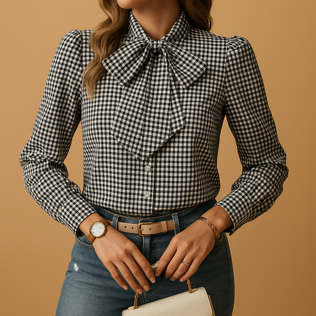Checkered blouse with bow detail for women