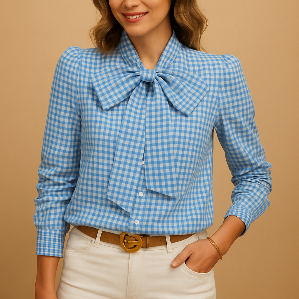 Checkered blouse with bow detail for women