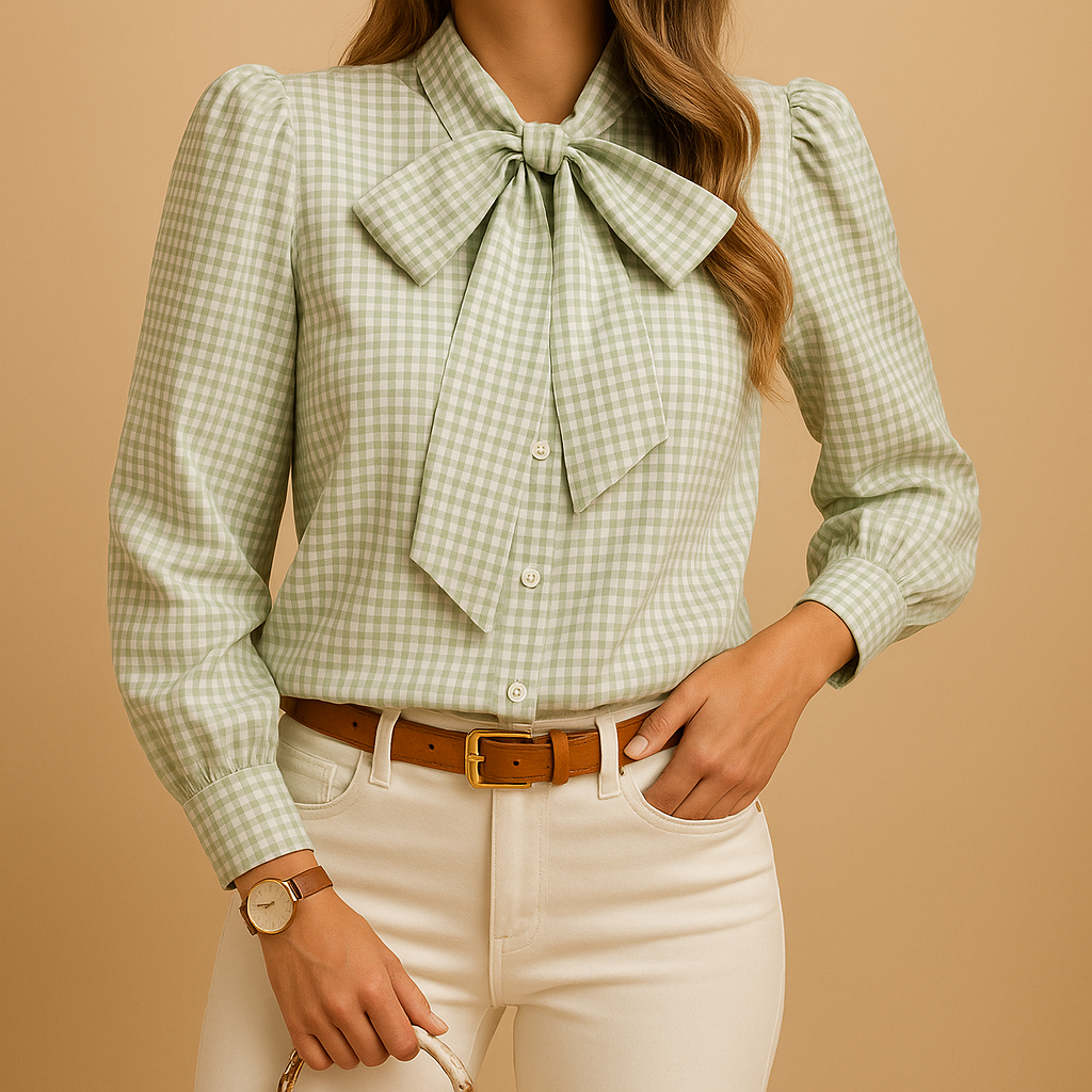 Checkered blouse with bow detail for women