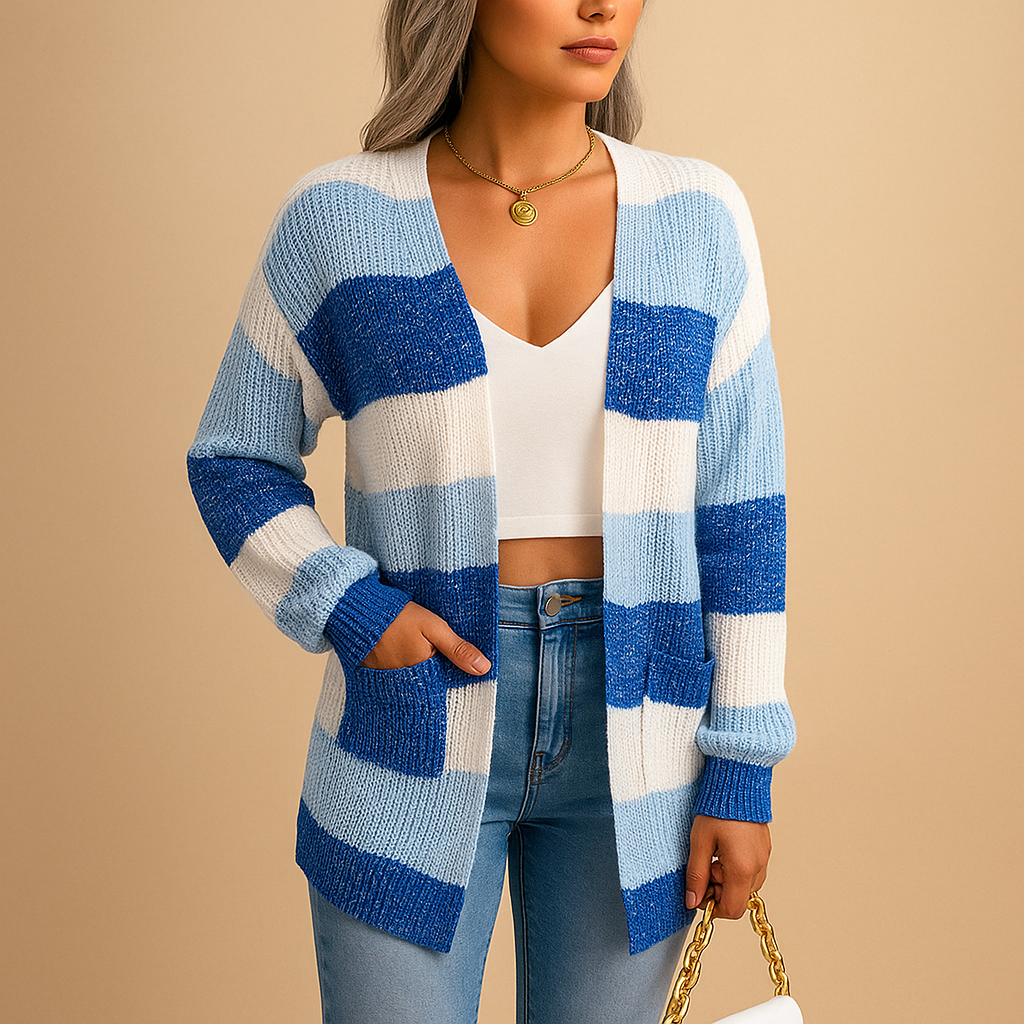 Checkered women's cardigan with puff sleeves.
