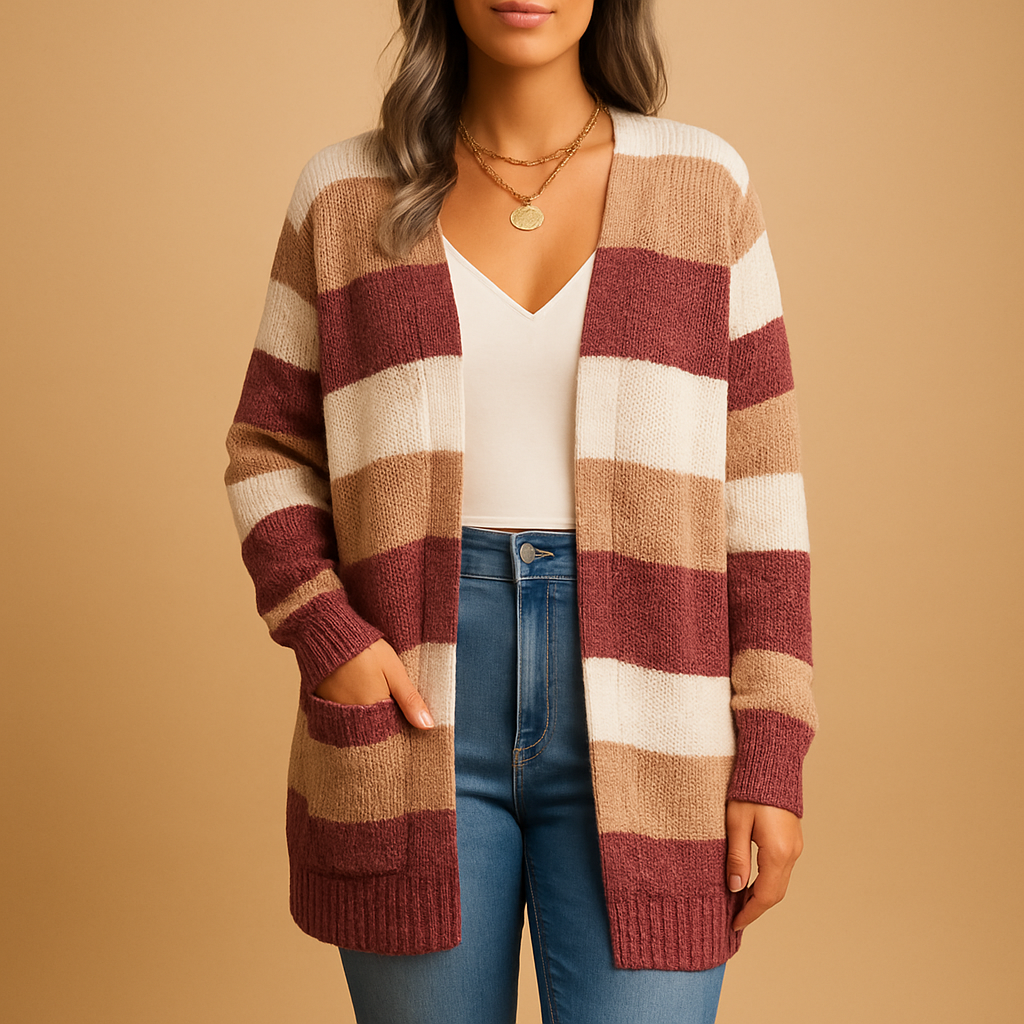 Checkered women's cardigan with puff sleeves.