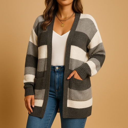 Checkered women's cardigan with puff sleeves.