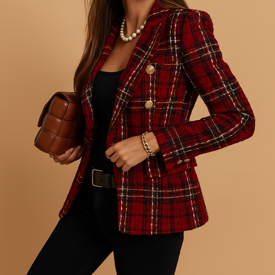 Checkered double-breasted blazer for women.