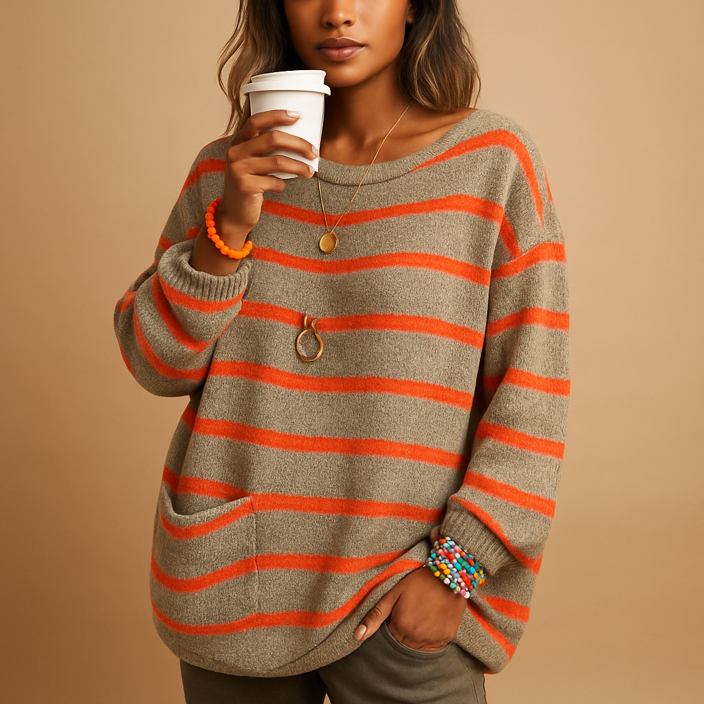 Striped knitted women's sweater with round neck.