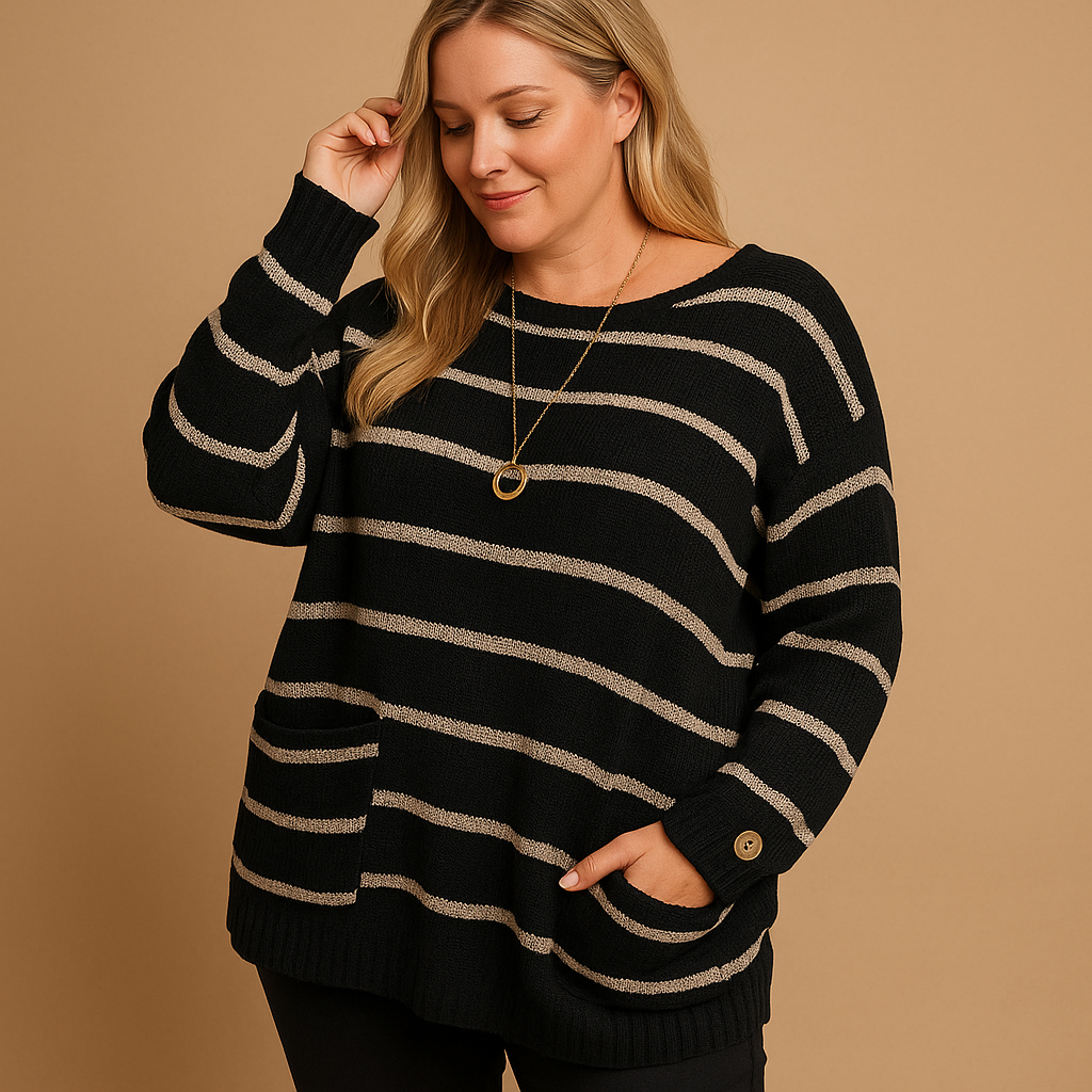 Striped knitted women's sweater with round neck.
