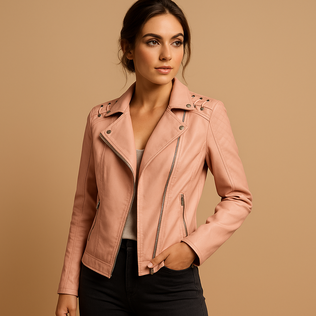 Fitted faux leather women's jacket with stand-up collar