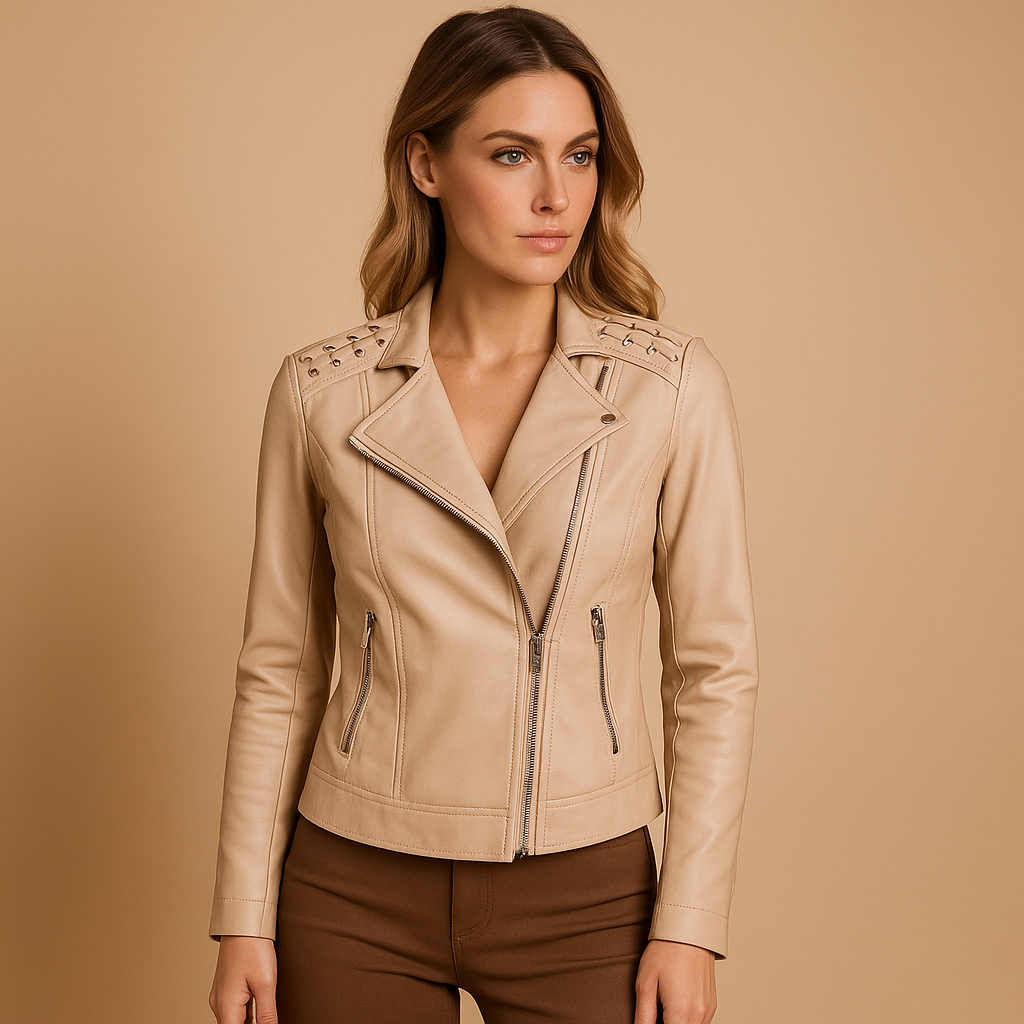 Fitted faux leather women's jacket with stand-up collar