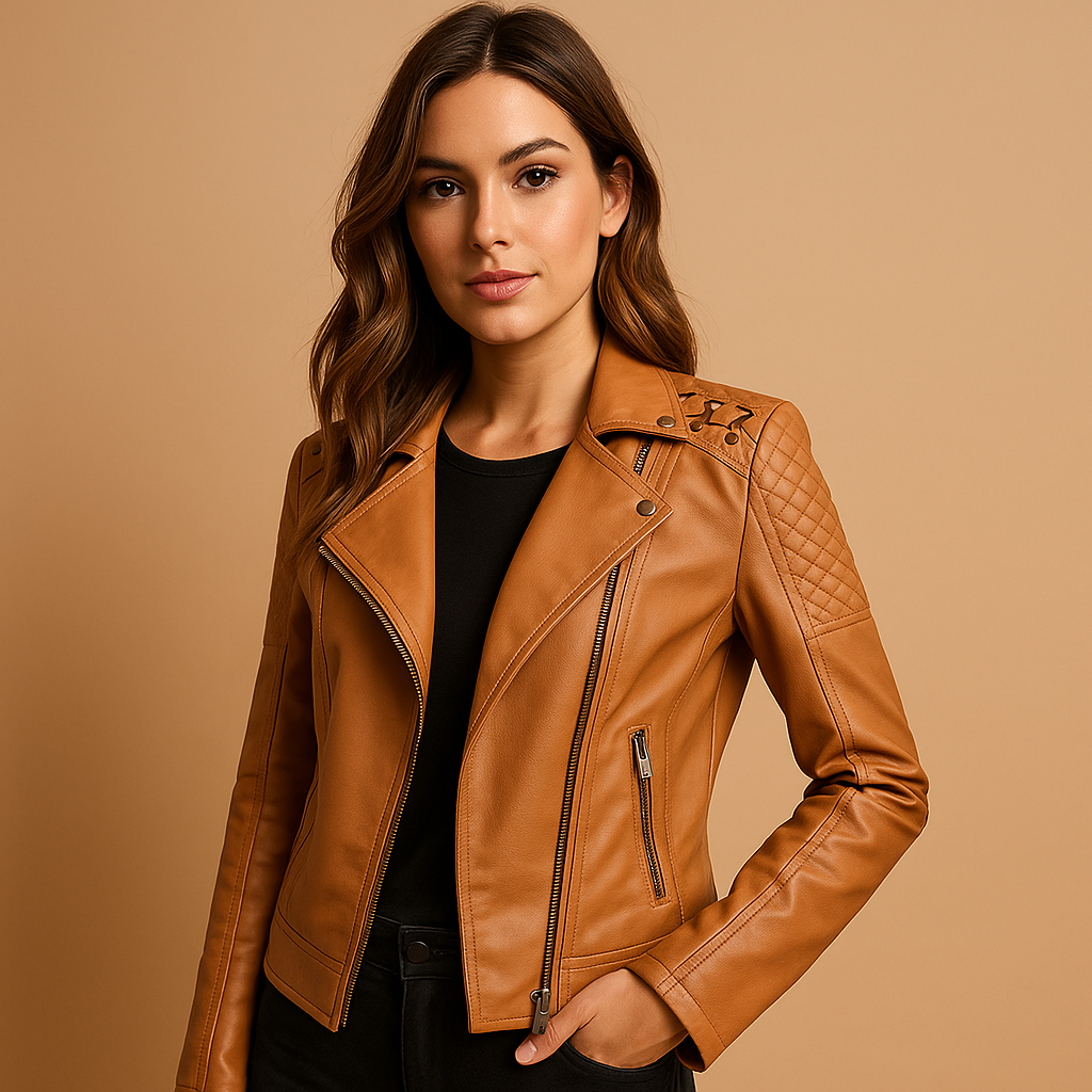 Fitted faux leather women's jacket with stand-up collar