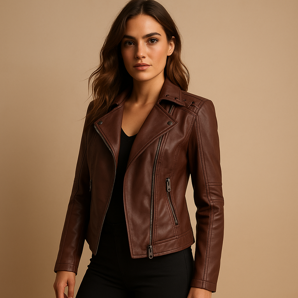 Fitted faux leather women's jacket with stand-up collar