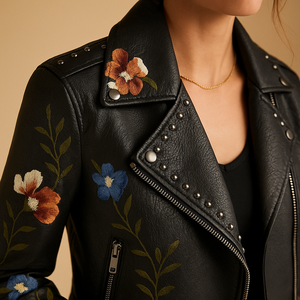 Fitted leather jacket with zippered pockets for women