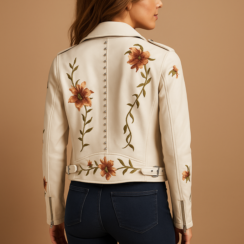 Fitted leather jacket with zippered pockets for women