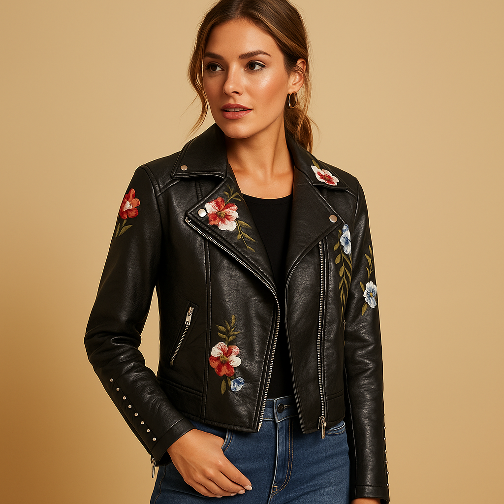 Fitted leather jacket with zippered pockets for women