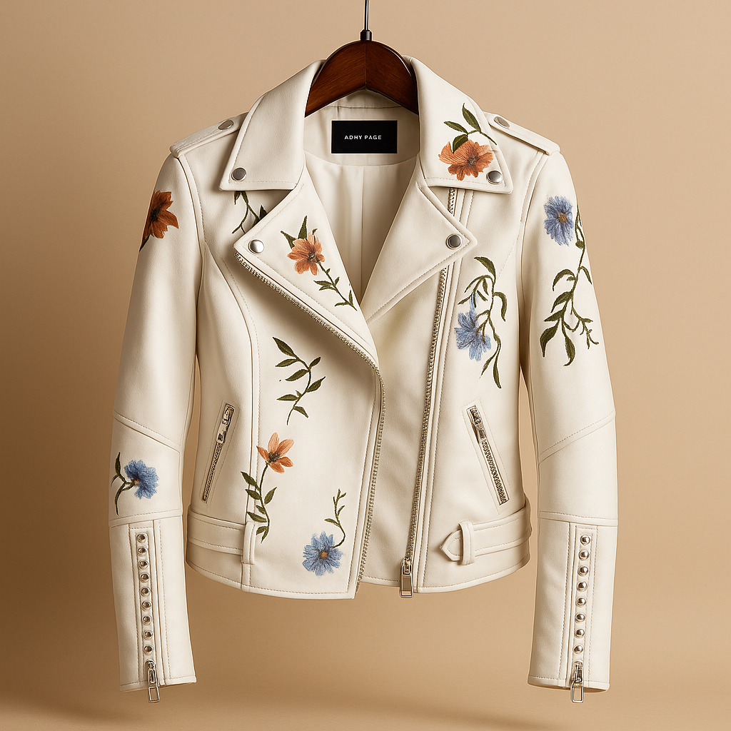 Fitted leather jacket with zippered pockets for women
