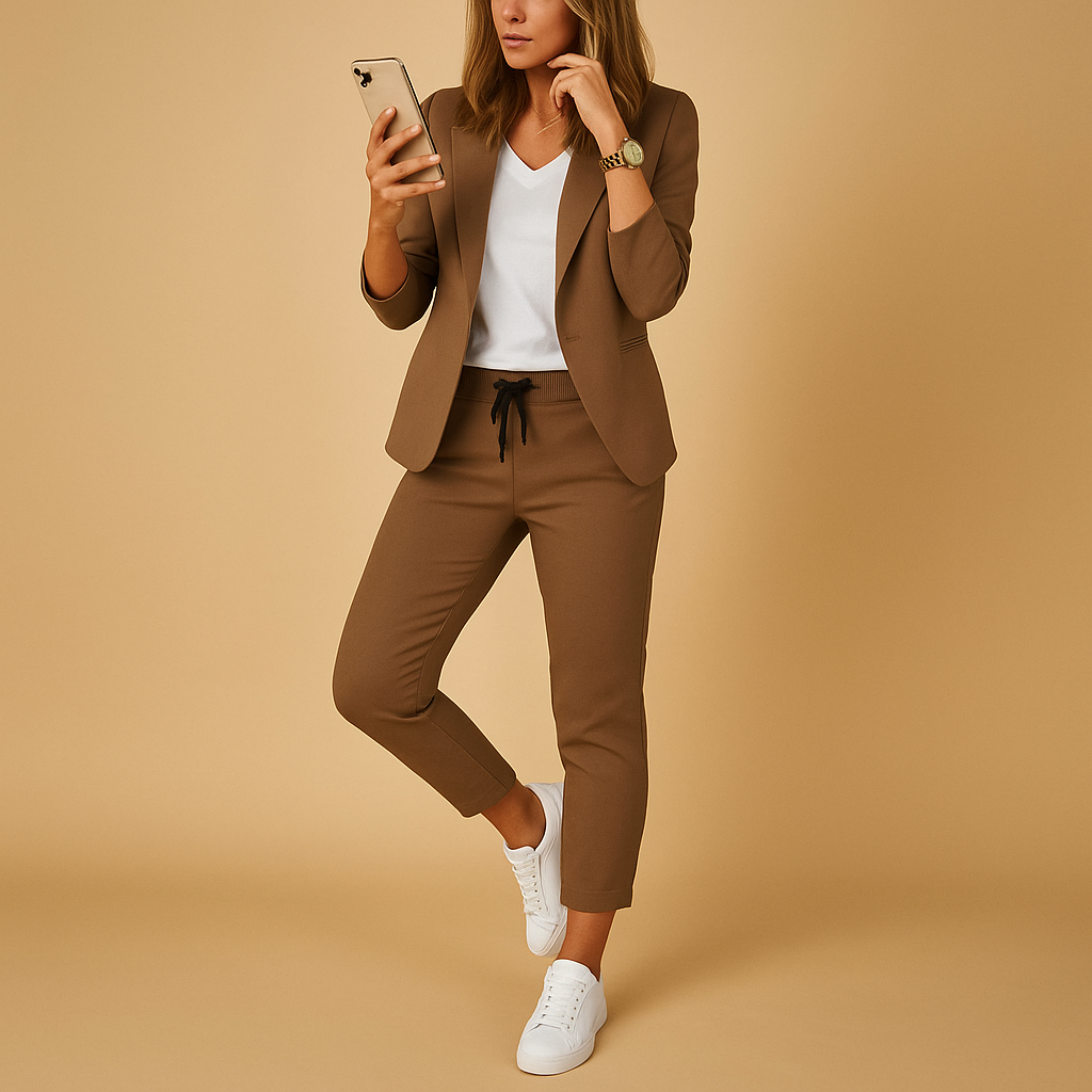 Fitted blazer and pants set for women.