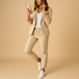 Fitted blazer and pants set for women.