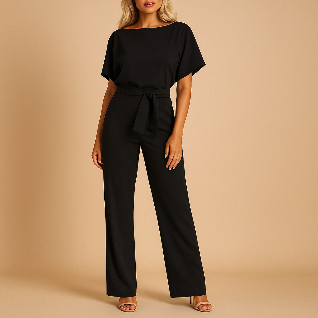 Glitter jumpsuit with halter neck and open back for women.