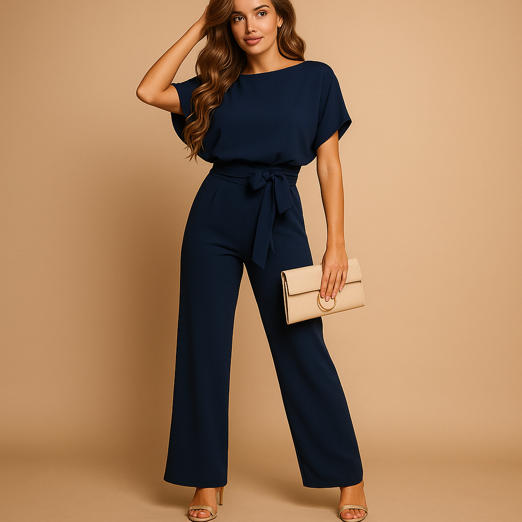 Glitter jumpsuit with halter neck and open back for women.