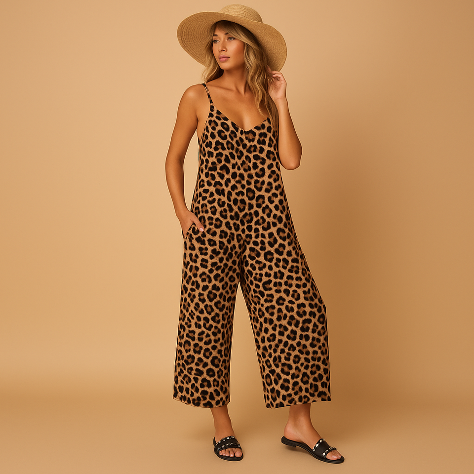 Leopard print halter jumpsuit for women.
