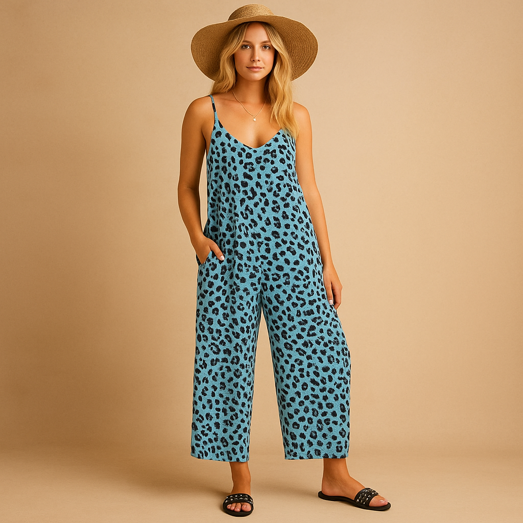 Leopard print halter jumpsuit for women.