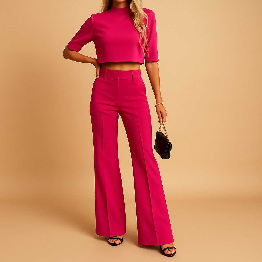 Fitted fall set with top and pants for women.