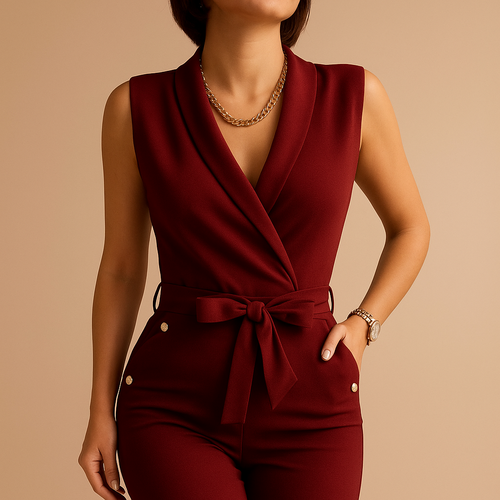 Women's jumpsuit with V-neck and waist tie.