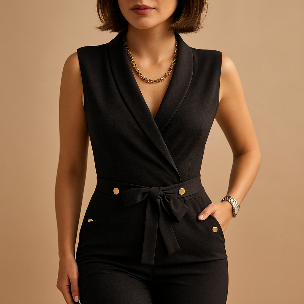 Women's jumpsuit with V-neck and waist tie.