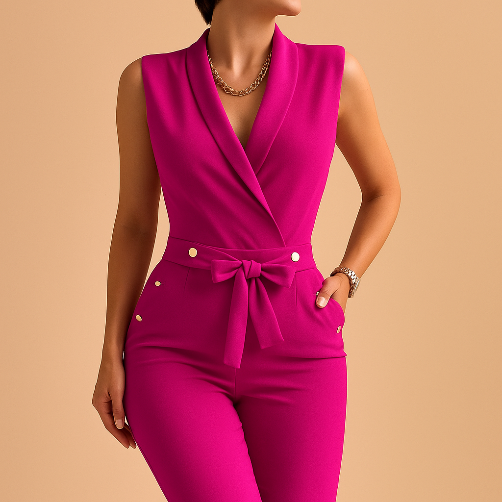Women's jumpsuit with V-neck and waist tie.