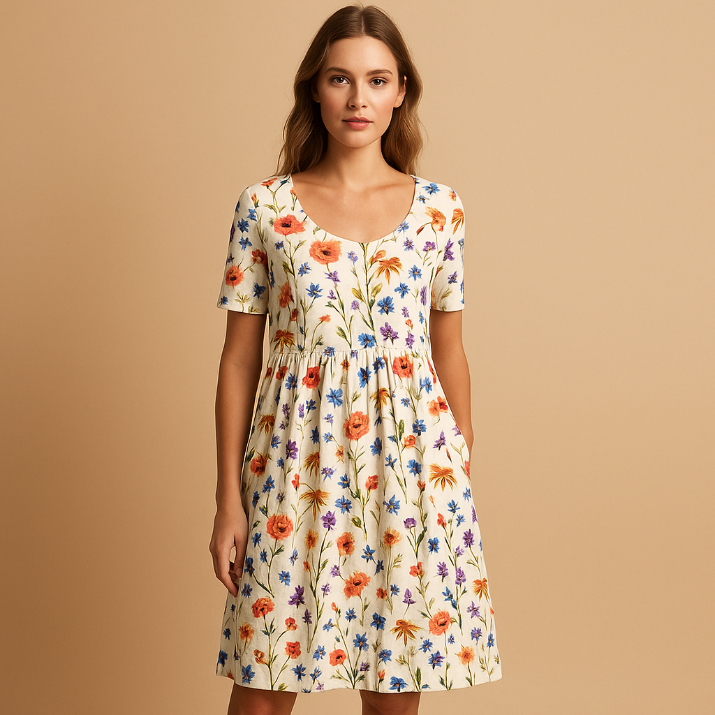Lightweight cotton midi dress with summery prints for women.