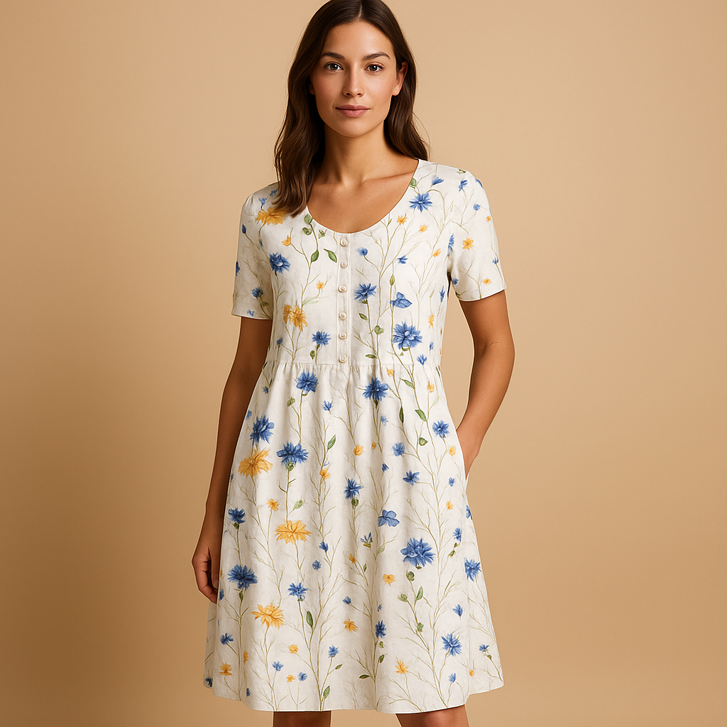 Lightweight cotton midi dress with summery prints for women.