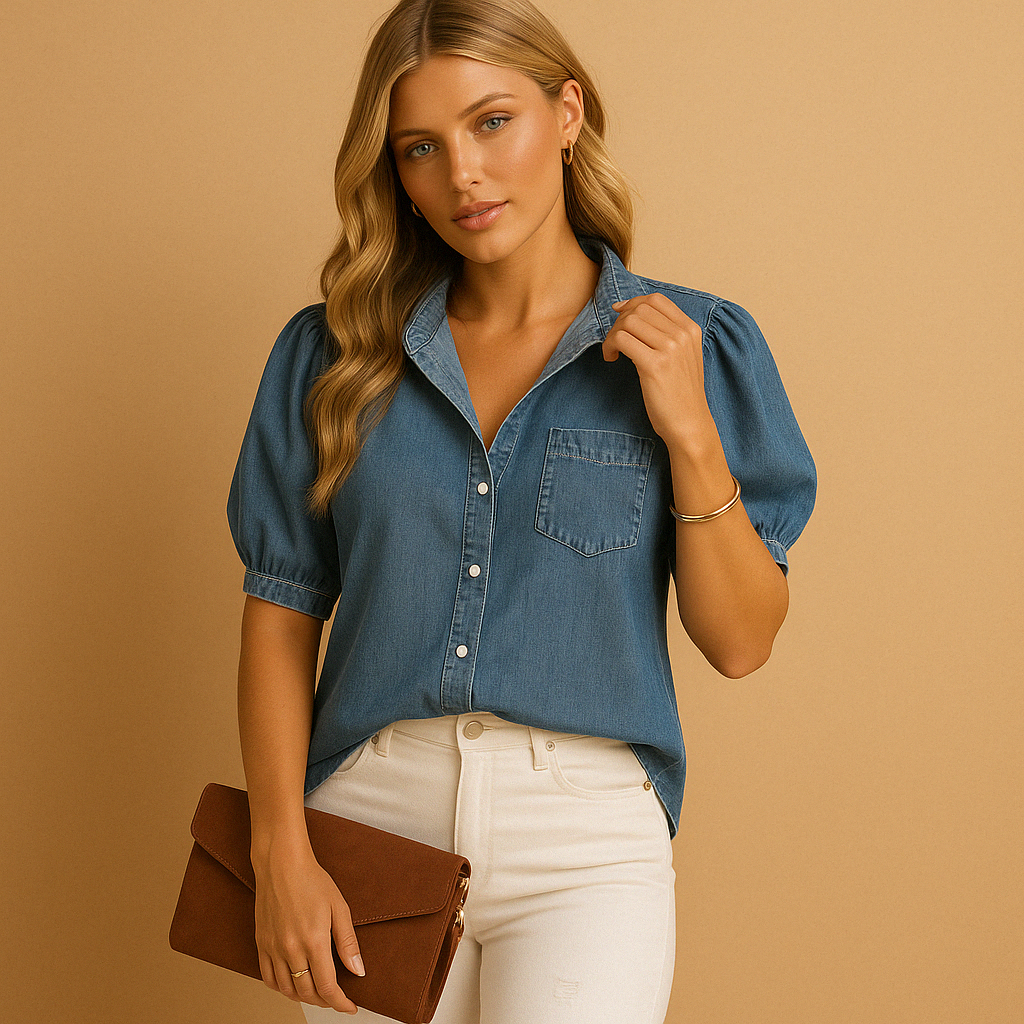 Classic denim blouse with button closure for women