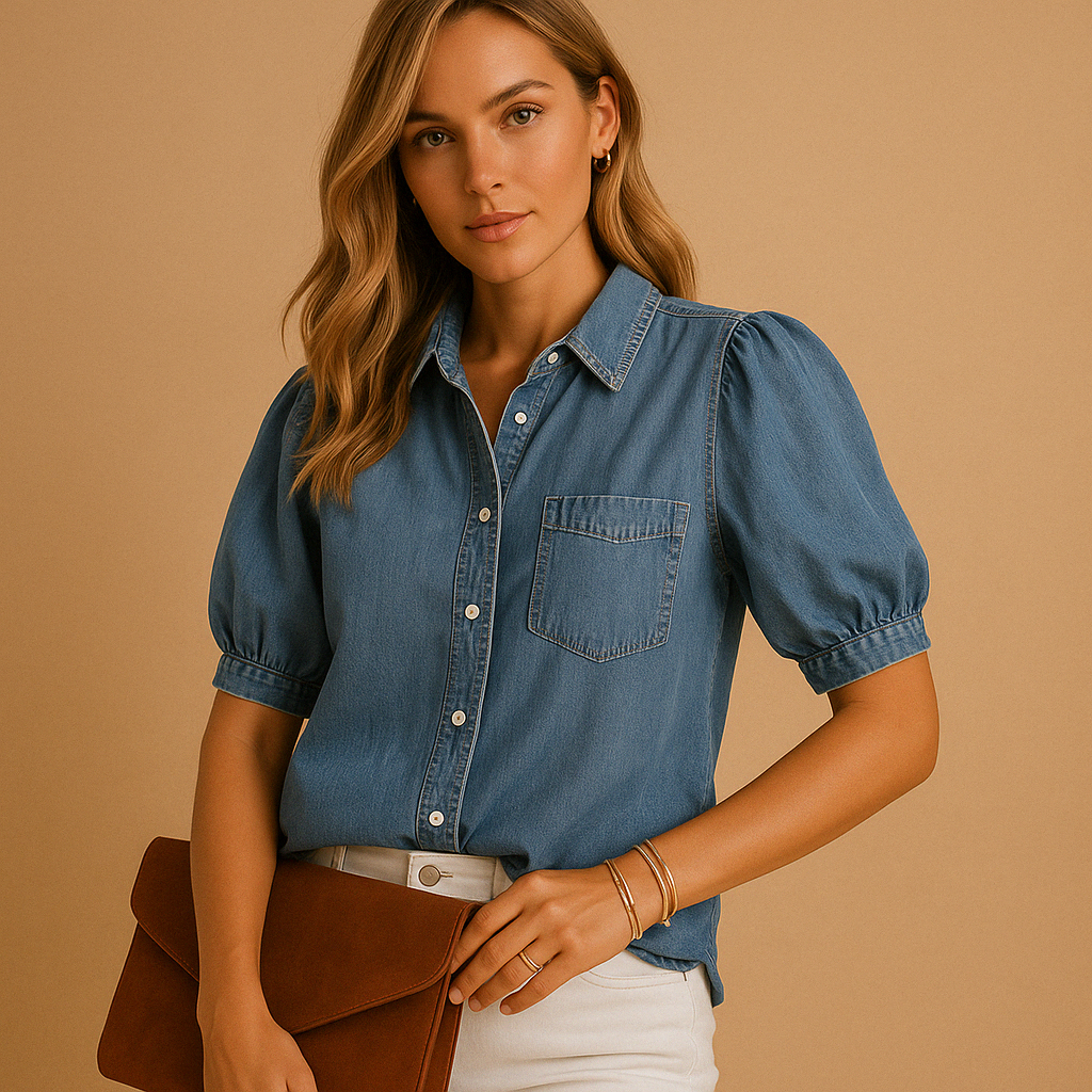 Classic denim blouse with button closure for women