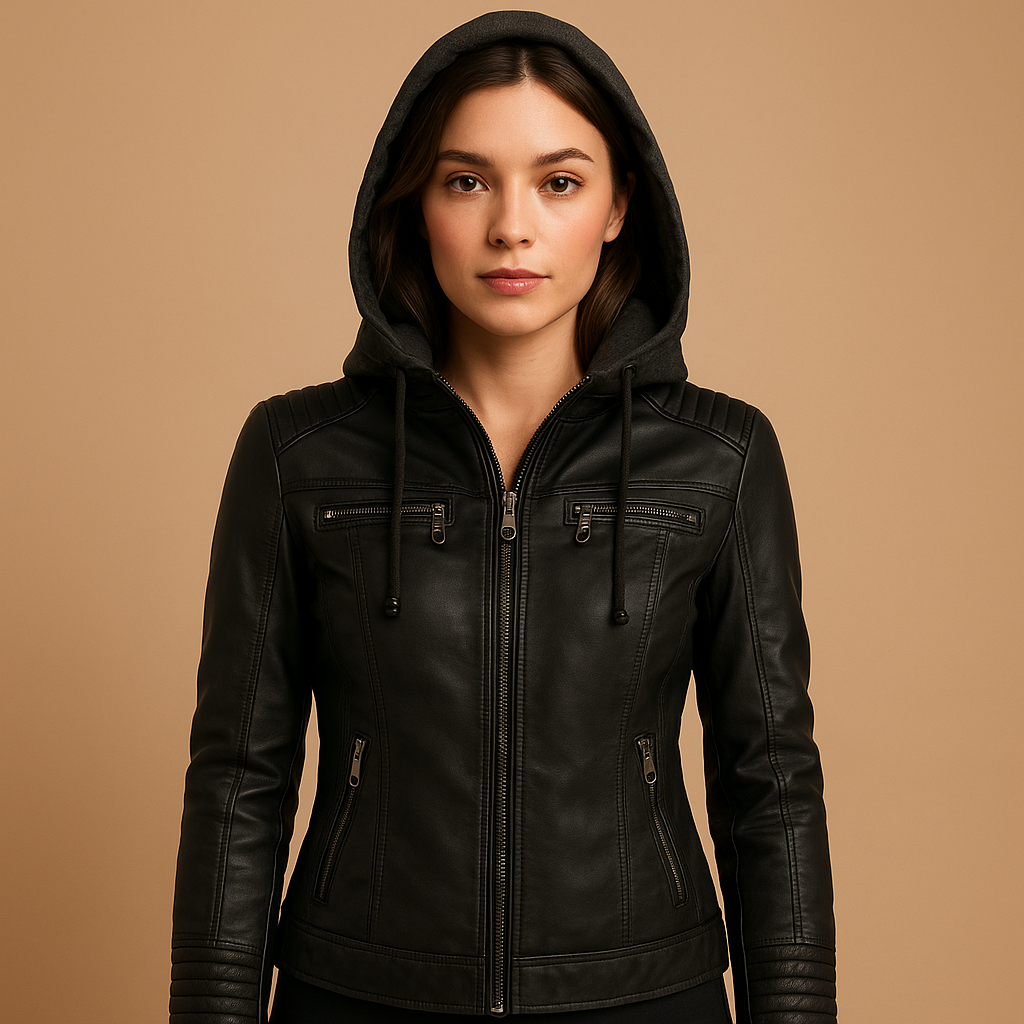 Short leather jacket with detachable hood for women