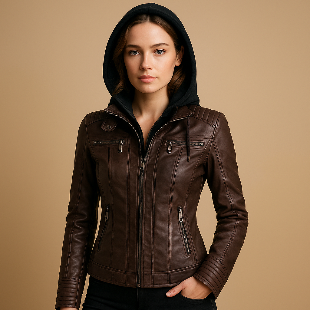 Short leather jacket with detachable hood for women