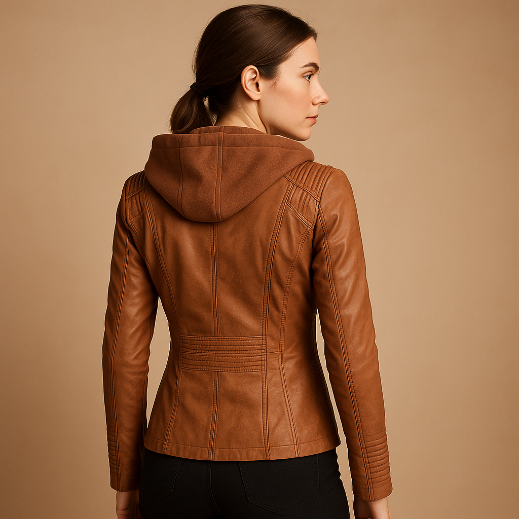 Short leather jacket with detachable hood for women