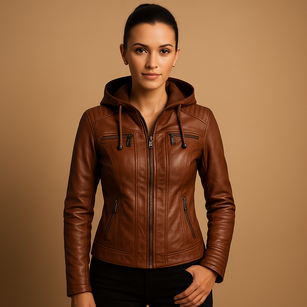 Short leather jacket with detachable hood for women
